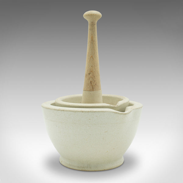 Small Antique Mortar & Pestle Duo, English, Ceramic, Beech, Cookery, Victorian