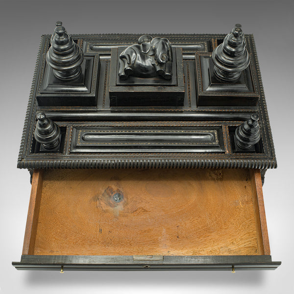 Antique Decorative Desk Stand, Indian, Ebony, Colonial Writer's Tidy, Victorian