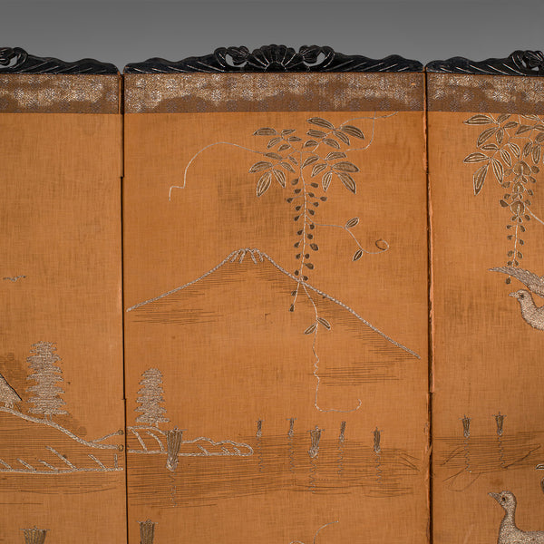 Vintage 4-Fold Privacy Screen, Japanese, Embroidered, Room Divider, Art Deco
