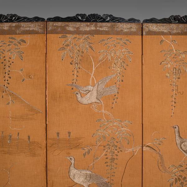 Vintage 4-Fold Privacy Screen, Japanese, Embroidered, Room Divider, Art Deco