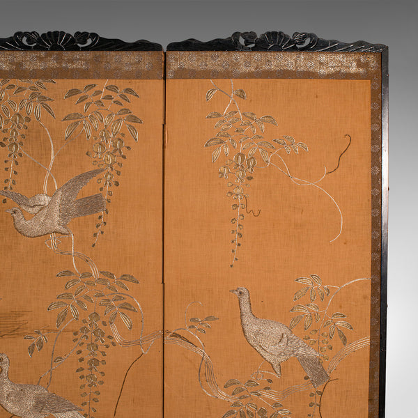 Vintage 4-Fold Privacy Screen, Japanese, Embroidered, Room Divider, Art Deco