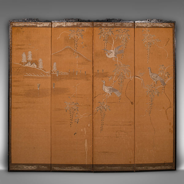 Vintage 4-Fold Privacy Screen, Japanese, Embroidered, Room Divider, Art Deco