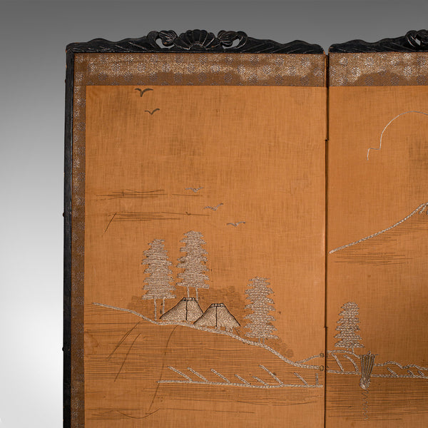 Vintage 4-Fold Privacy Screen, Japanese, Embroidered, Room Divider, Art Deco