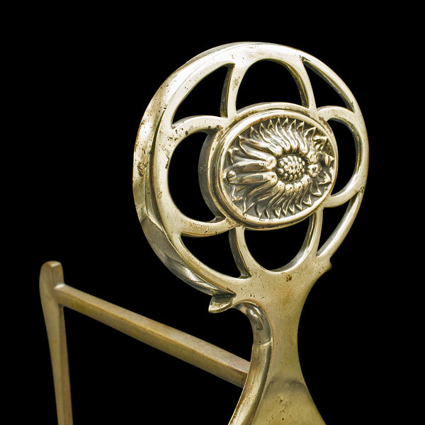 Pair Of Antique Art Nouveau Andirons, English, Brass, Decor, Fire Dog, Victorian