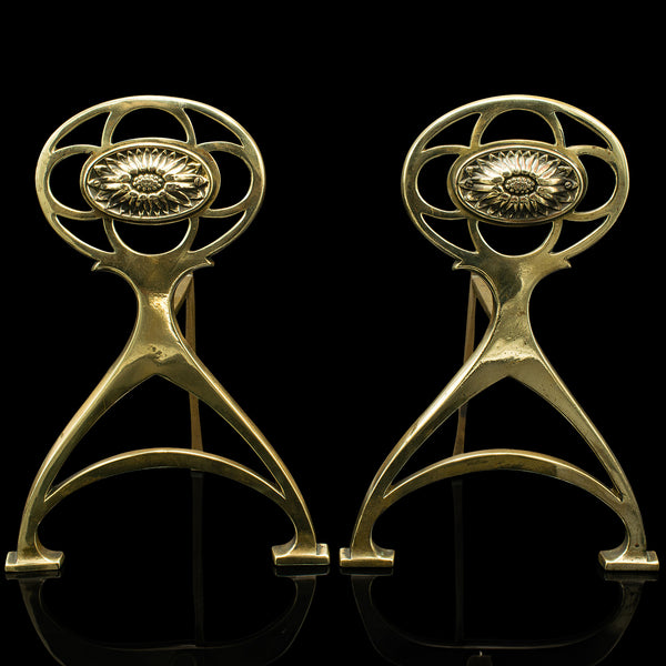 Pair Of Antique Art Nouveau Andirons, English, Brass, Decor, Fire Dog, Victorian