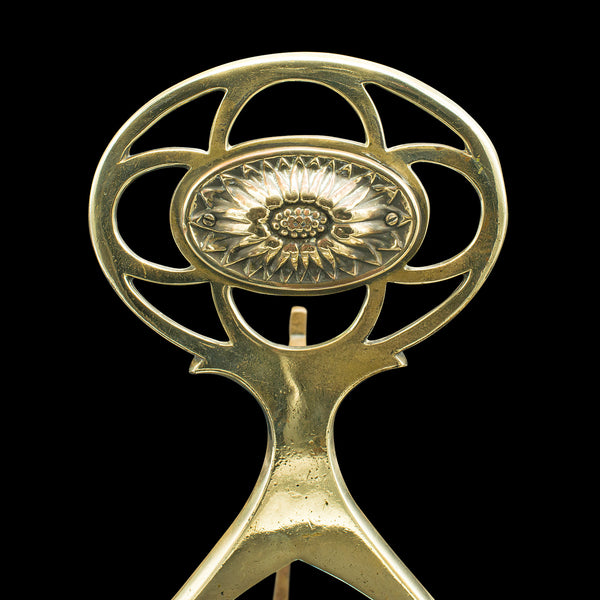 Pair Of Antique Art Nouveau Andirons, English, Brass, Decor, Fire Dog, Victorian