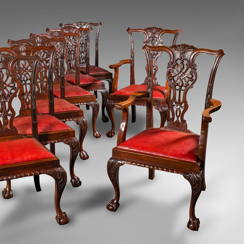 Set Of 8 Antique Dining Chairs, English, Leather, Chippendale Revival, Victorian