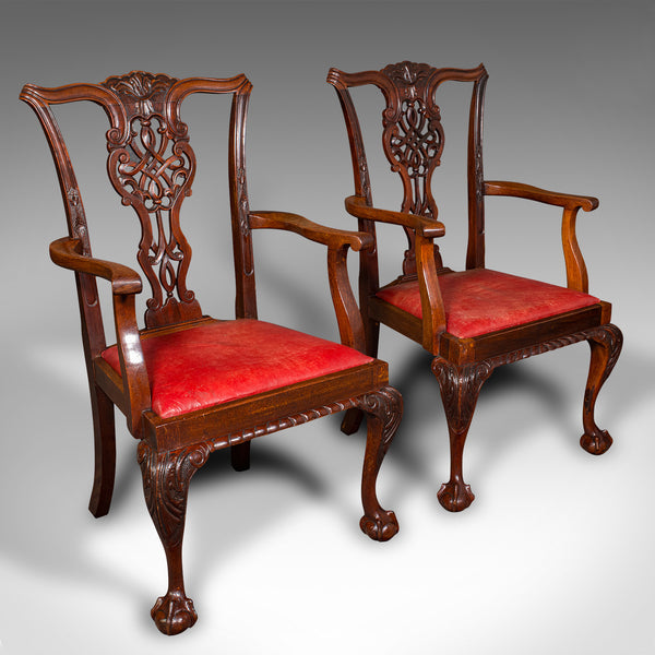 Set Of 8 Antique Dining Chairs, English, Leather, Chippendale Revival, Victorian