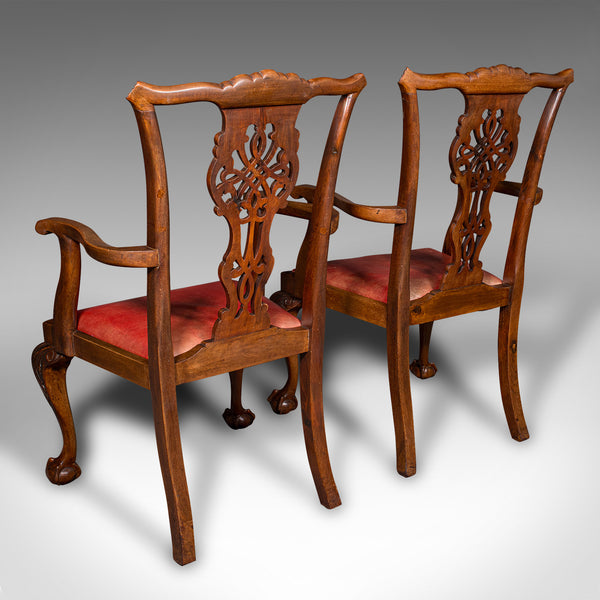 Set Of 8 Antique Dining Chairs, English, Leather, Chippendale Revival, Victorian