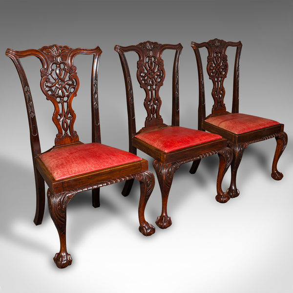 Set Of 8 Antique Dining Chairs, English, Leather, Chippendale Revival, Victorian