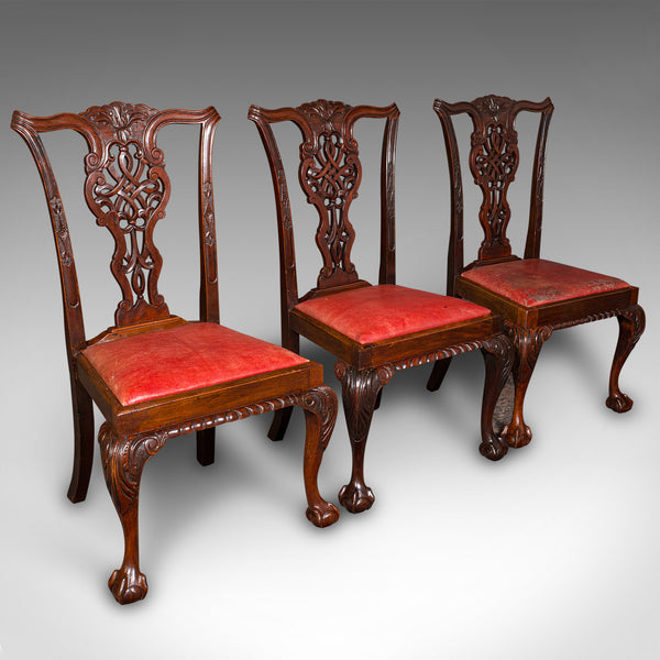 Set Of 8 Antique Dining Chairs, English, Leather, Chippendale Revival, Victorian