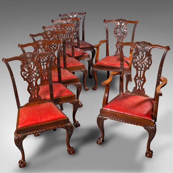 Set Of 8 Antique Dining Chairs, English, Leather, Chippendale Revival, Victorian