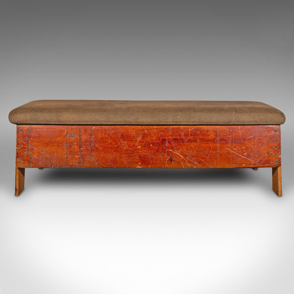 Vintage Gymnasium Bench, English, Pine, Suede, Window Seat, Dining Room, C.1930