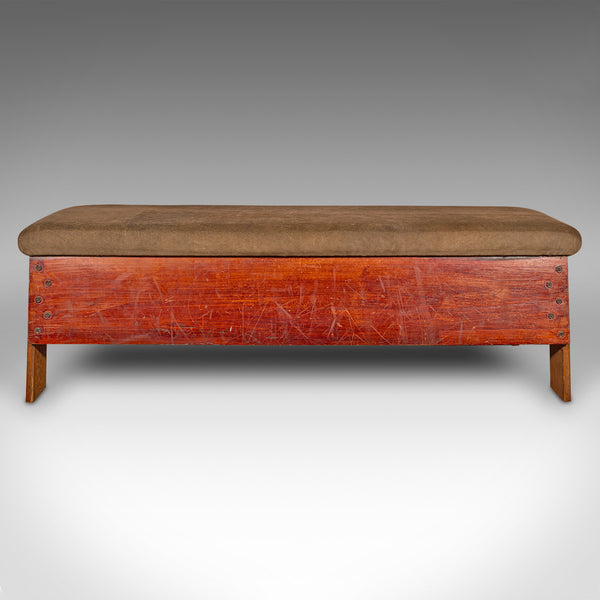 Vintage Gymnasium Bench, English, Pine, Suede, Window Seat, Dining Room, C.1930