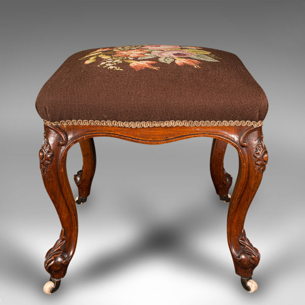 Antique Dressing Stool, English, Walnut, Needlepoint, Footstool, Early Victorian