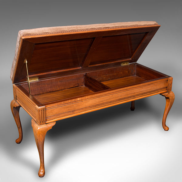 Antique Duet Stool, English, Walnut, Velvet, Recital, Window Bench, Edwardian