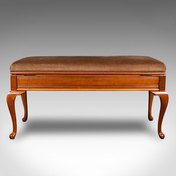 Antique Duet Stool, English, Walnut, Velvet, Recital, Window Bench, Edwardian