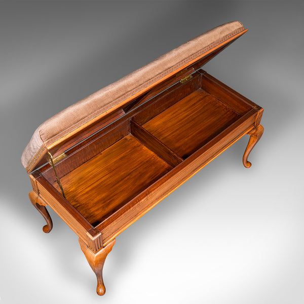 Antique Duet Stool, English, Walnut, Velvet, Recital, Window Bench, Edwardian