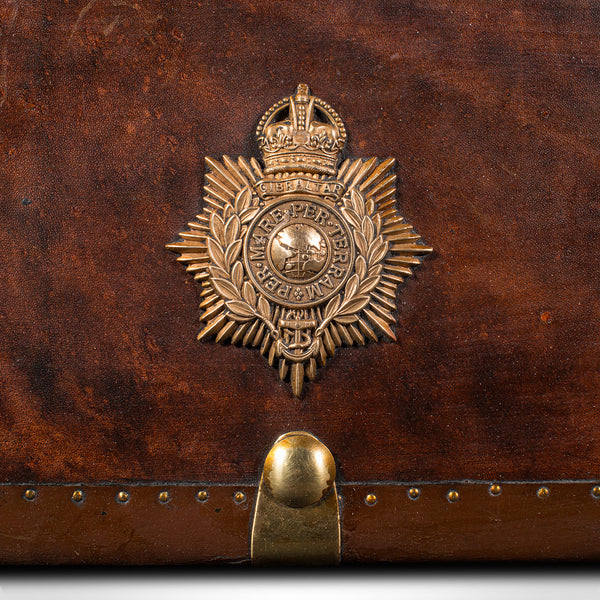 Large Vintage Campaign Luggage Case, English, Leather, Brass, Bedside Nightstand