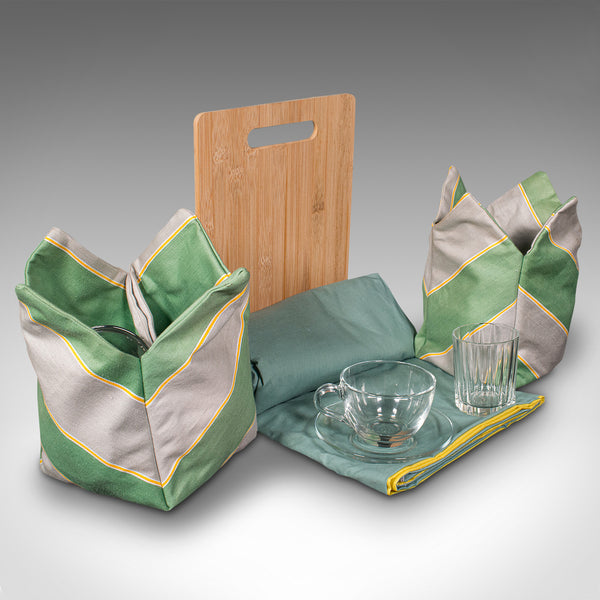 Vintage Touring Picnic Set, English, Canvas, Leather, Case, Mid Century, C.1950