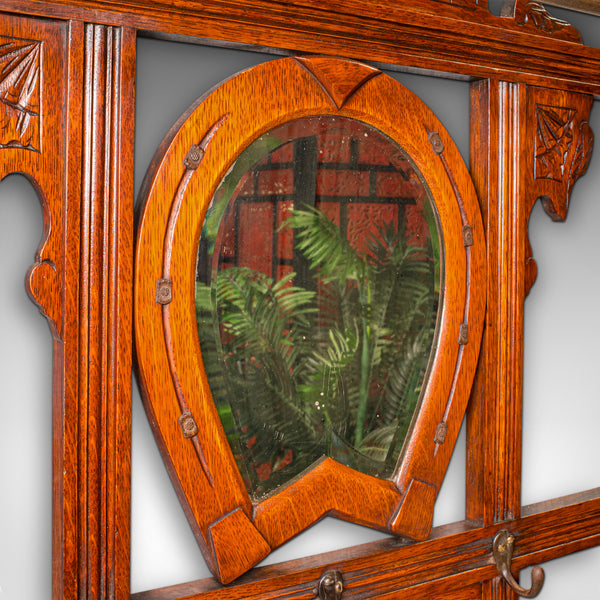 Antique Cheltenham Mirror, English, Oak, Hallway Rack, Cloak Hooks, Edwardian