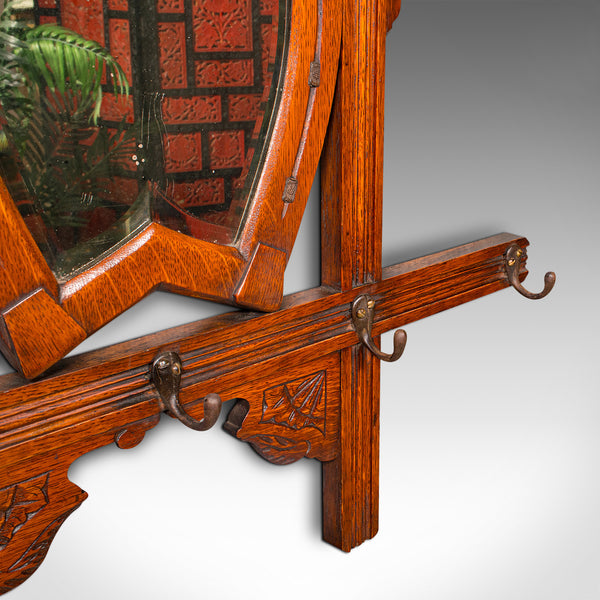 Antique Cheltenham Mirror, English, Oak, Hallway Rack, Cloak Hooks, Edwardian