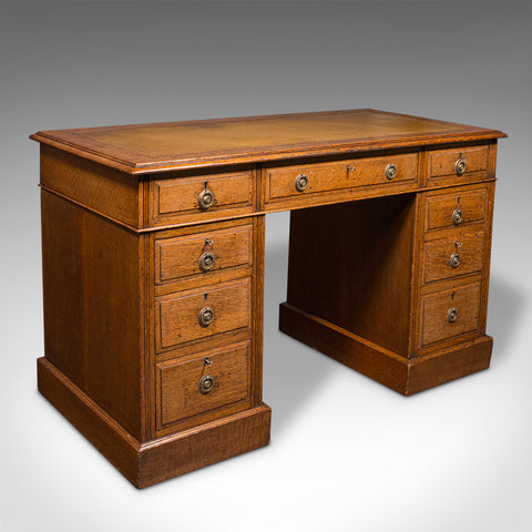 Antique Pedestal Desk, English, Oak, Leather, Nine Drawer, Edwardian, Circa 1910