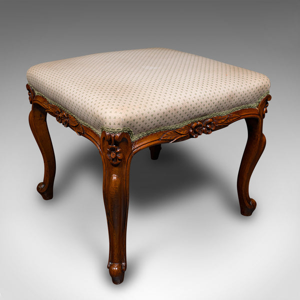 Wide Antique Dressing Stool, English, Walnut Bedroom Seat, Early Victorian, 1840