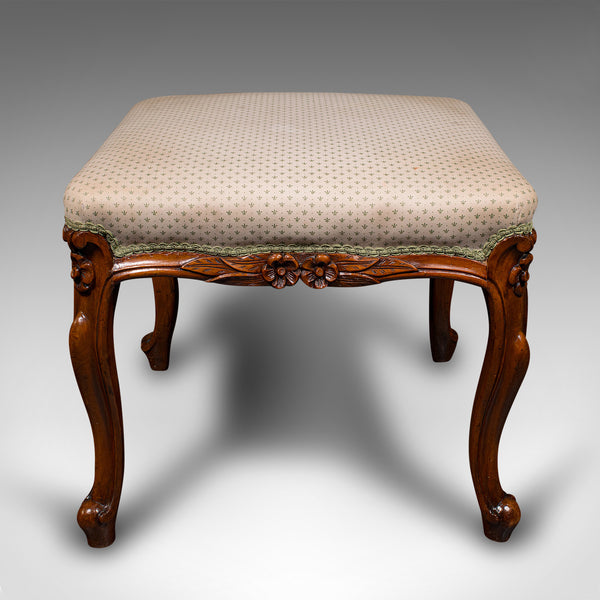 Wide Antique Dressing Stool, English, Walnut Bedroom Seat, Early Victorian, 1840