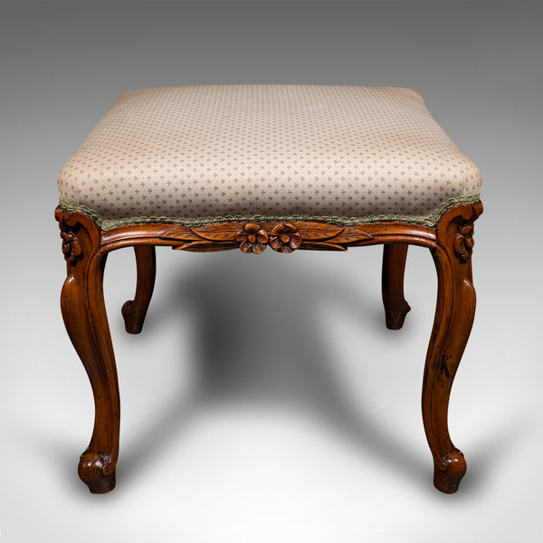 Wide Antique Dressing Stool, English, Walnut Bedroom Seat, Early Victorian, 1840