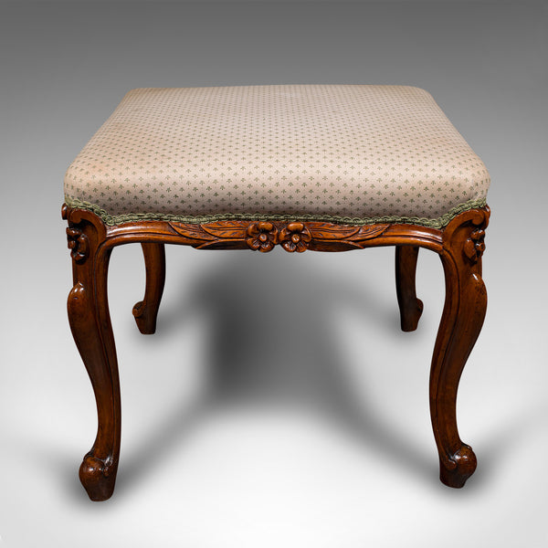 Wide Antique Dressing Stool, English, Walnut Bedroom Seat, Early Victorian, 1840
