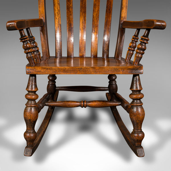 Antique Lath Back Rocking Chair, English Elm, Beech, Elbow Seat, Victorian, 1880