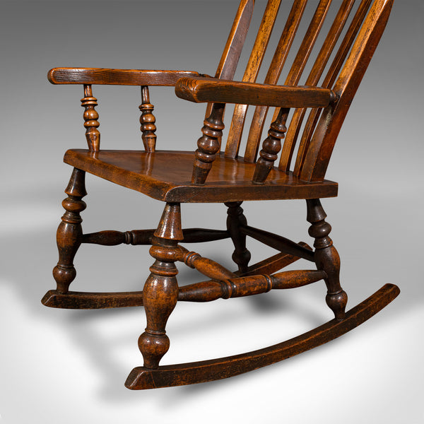 Antique Lath Back Rocking Chair, English Elm, Beech, Elbow Seat, Victorian, 1880
