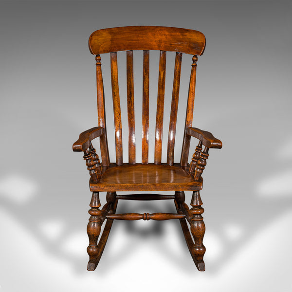 Antique Lath Back Rocking Chair, English Elm, Beech, Elbow Seat, Victorian, 1880