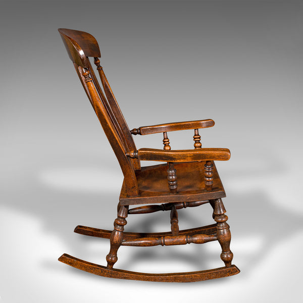 Antique Lath Back Rocking Chair, English Elm, Beech, Elbow Seat, Victorian, 1880