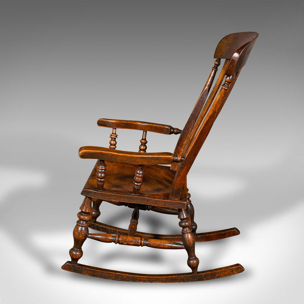 Antique Lath Back Rocking Chair, English Elm, Beech, Elbow Seat, Victorian, 1880