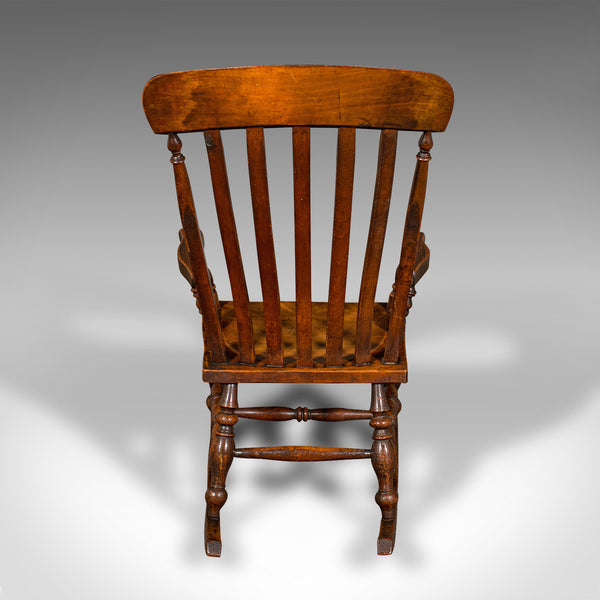 Antique Lath Back Rocking Chair, English Elm, Beech, Elbow Seat, Victorian, 1880