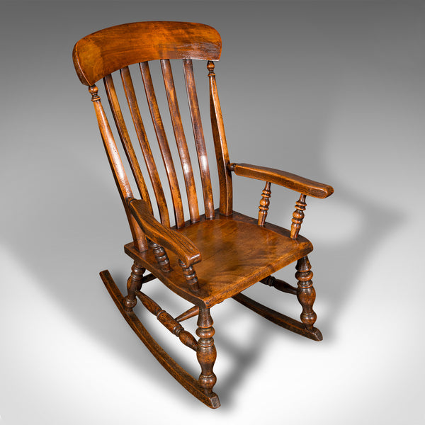 Antique Lath Back Rocking Chair, English Elm, Beech, Elbow Seat, Victorian, 1880