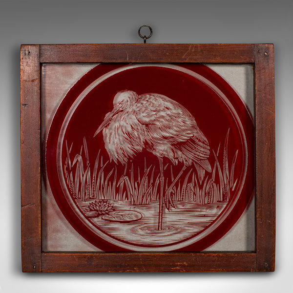 Vintage Hanging Window Panel, Japanese, Etched Glass, Framed, Art Deco, C.1940