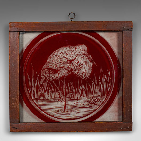 Vintage Hanging Window Panel, Japanese, Etched Glass, Framed, Art Deco, C.1940