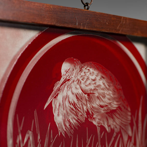 Vintage Hanging Window Panel, Japanese, Etched Glass, Framed, Art Deco, C.1940