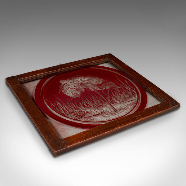 Vintage Hanging Window Panel, Japanese, Etched Glass, Framed, Art Deco, C.1940