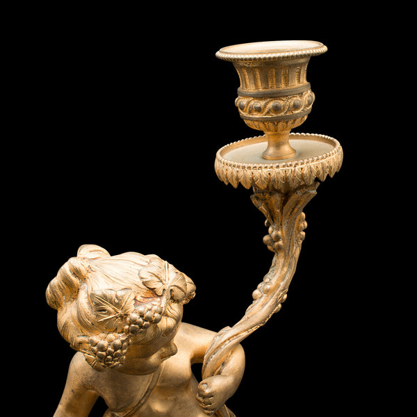 Pair Of Antique Cherubic Candlesticks, French, Gilt, Onyx, Decorative, Victorian