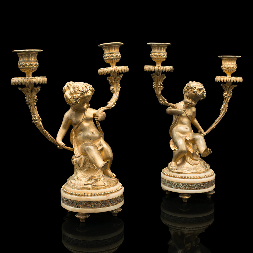 Pair Of Antique Cherubic Candlesticks, French, Gilt, Onyx, Decorative, Victorian