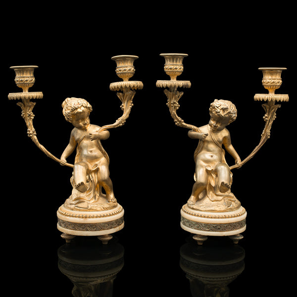 Pair Of Antique Cherubic Candlesticks, French, Gilt, Onyx, Decorative, Victorian