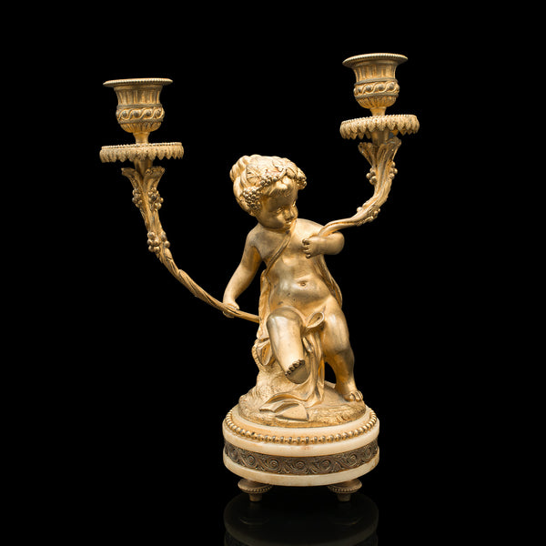 Pair Of Antique Cherubic Candlesticks, French, Gilt, Onyx, Decorative, Victorian