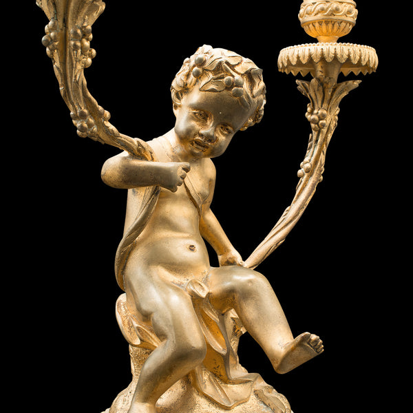 Pair Of Antique Cherubic Candlesticks, French, Gilt, Onyx, Decorative, Victorian