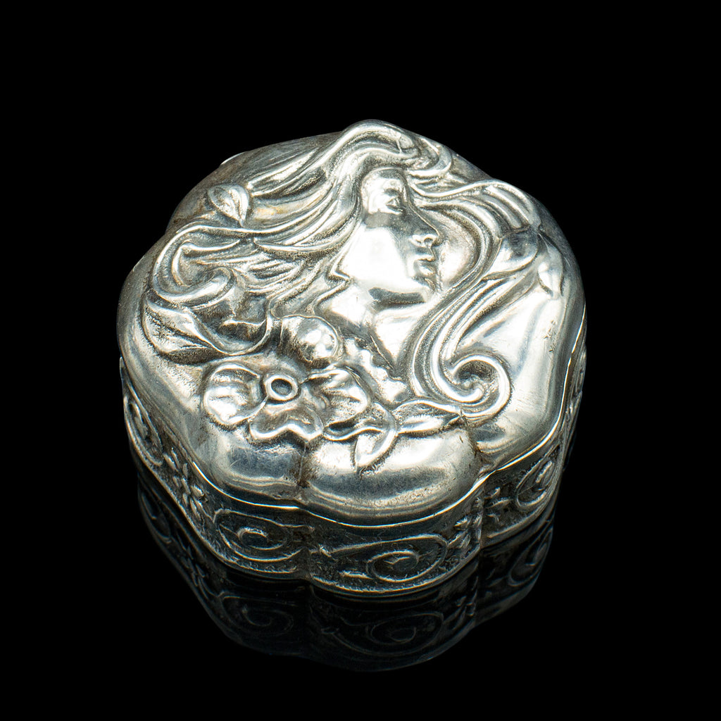 Small Antique Art Nouveau Pill Box, Continental, Silver, Pocket Case, Victorian