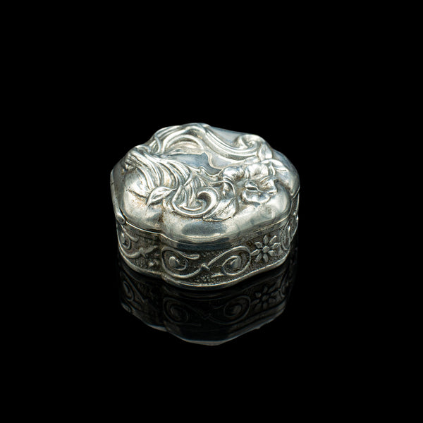 Small Antique Art Nouveau Pill Box, Continental, Silver, Pocket Case, Victorian