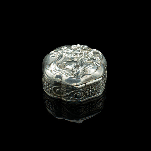 Small Antique Art Nouveau Pill Box, Continental, Silver, Pocket Case, Victorian
